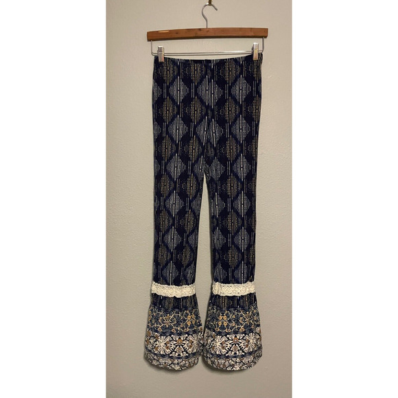 Womens Leggings Medium Blue Abstract Crochet Bell Bottom Flare Festival Boho - Picture 1 of 7